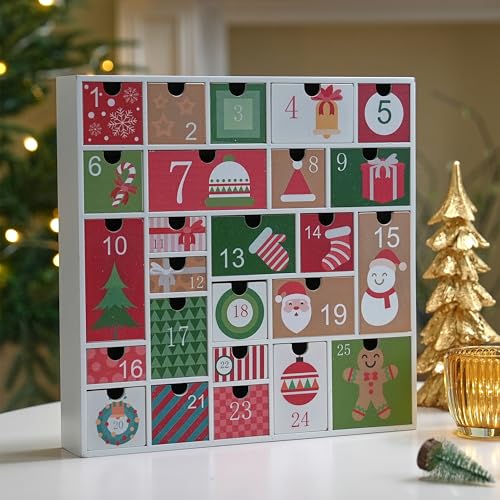 FESTGLOX Wooden Refillable Advent Calendar - 25 Drawer DIY Holiday Calendar for Kids