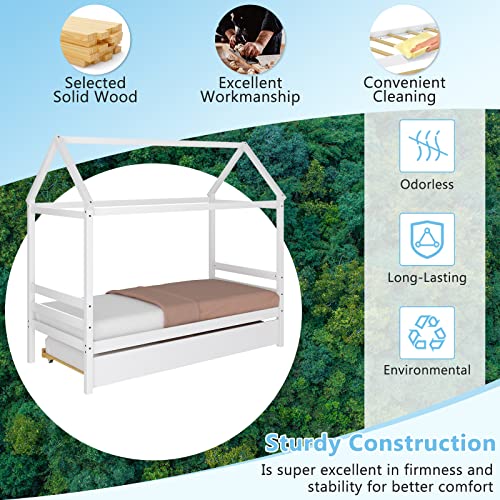 Twin Size House Bed with Trundle, Solid Wood Kids Platform Bed Frame