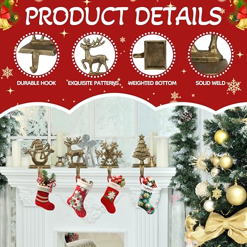 OCTERIC 4Pcs Stocking Hangers Set – Reindeer, Snowman, Snowflake & Tree Mantel Hooks, Anti-Slip Cast Iron