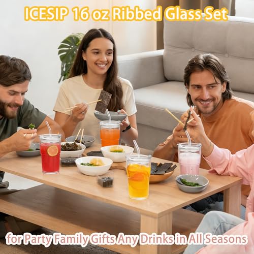 16oz Ribbed Glass Tumbler Set with Leak-Proof Lids and Straws