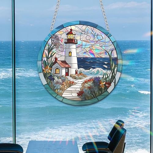 Stained Glass Lighthouse Suncatcher - Round Window Panel Art