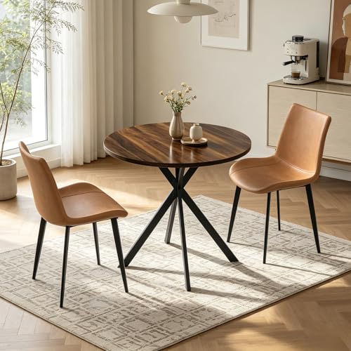 Walnut 31.5" Round Dining Table Set for 2 with 2 Brown Chairs - Mid-Century X-Shaped Leg