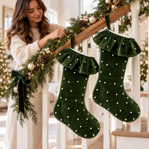 Sosation Velvet Christmas Stockings Set of 4 - Moss Green, Pearls & Ruffled Trim