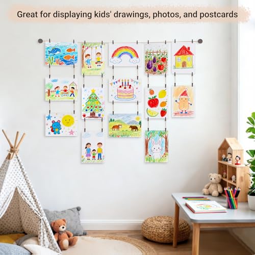 Kids Art Display Hanging Wall Decor with 34 Wooden Clips, 59-Inch Rope