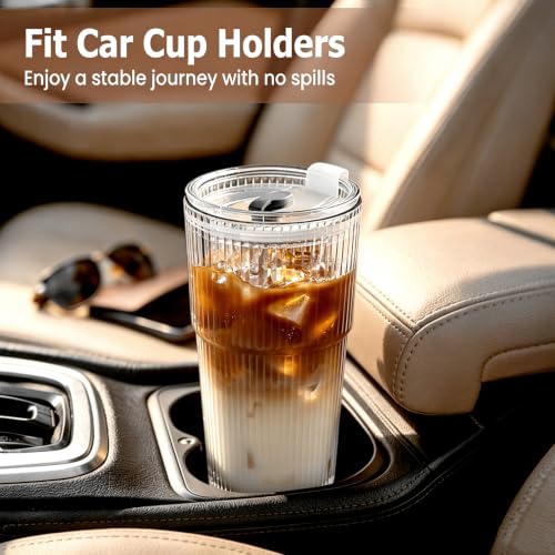 20 oz Ribbed Glass Tumblers with Lids and Straws, 4-Pack Iced Coffee Cups