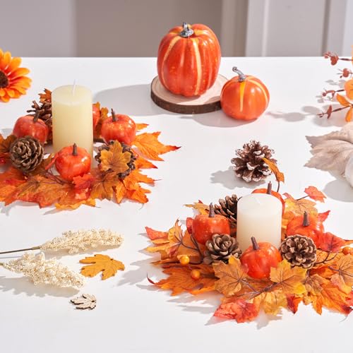 2-Pack Mini Fall Wreaths with Plaid Ribbons - Candle Ring Decor for Table
