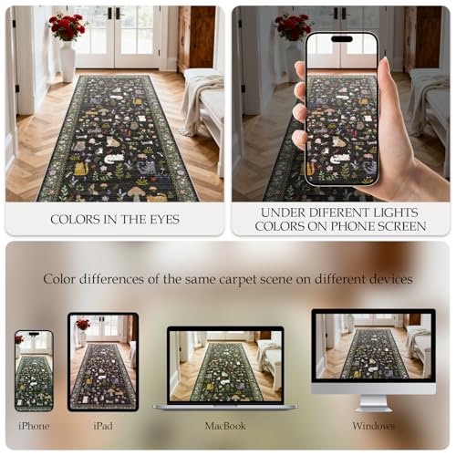 Washable 2x10 Hallway Runner Rug - Non-Slip Low Pile Cat Print Carpet