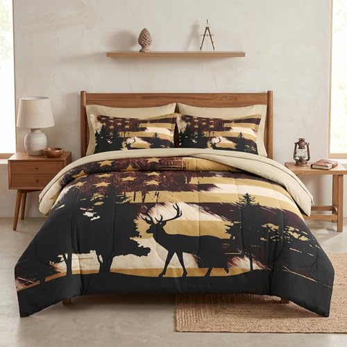 Queen Hunting Deer Comforter Set with Sheets - 7 Pieces American Flag Bedding