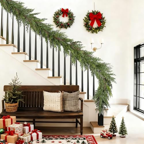 Artificial Christmas Garland 6ft Pine Cedar & Cypress Leaves for Mantel Fireplace Decor