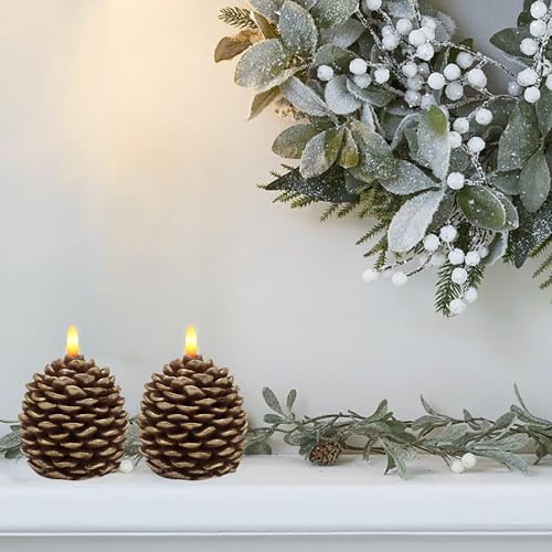 Pine Cone Candles (Golden-Brown) 4.8 in Battery-Operated 2-Pack w/ Remote & Timer - Flameless Pinecone Decor