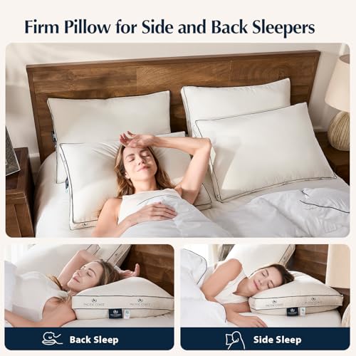 King Size Goose Feather and Down Pillows Set of 2 - Firm Gusseted Design, Organic Cotton Cover