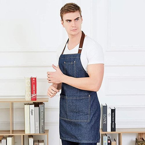 YukaBa Blue Adjustable Denim Jean Kitchen apron with 5 Pockets for Women Men Optimized upgrade(Denim) (Set of 4)