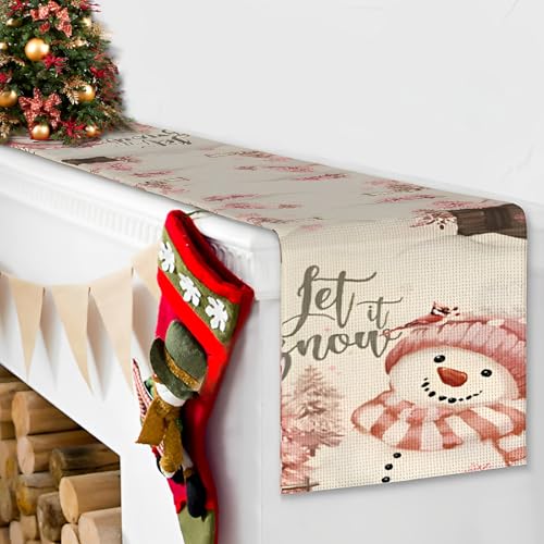 CHAIYA 13x72 Inch Xmas Tree Runner Let It Snow Pink Snowman Holiday Table Runner