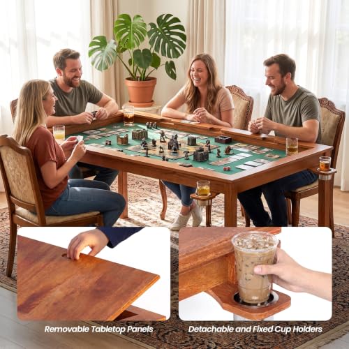 65-Inch Solid Wood Board Game Table with Removable Top and 6 Cup Holders