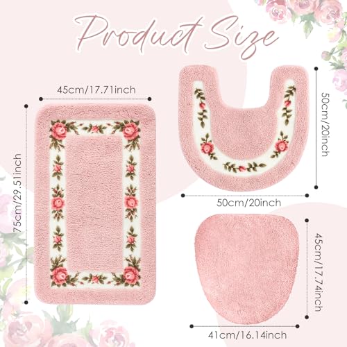 3-Piece Rose Floral Bathroom Rug Set, Non-Slip Pink Bath Mat & Toilet Cover