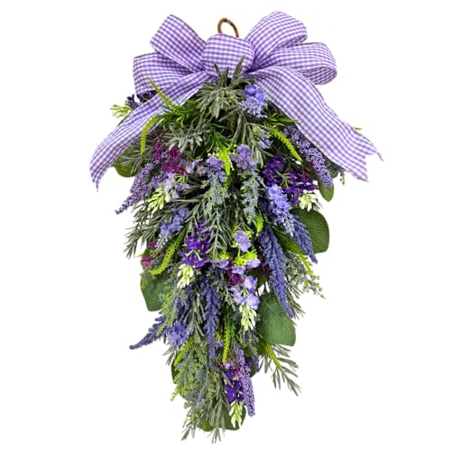23-Inch Pre-Lit Lavender Teardrop Swag with LED Lights and Gingham Bow