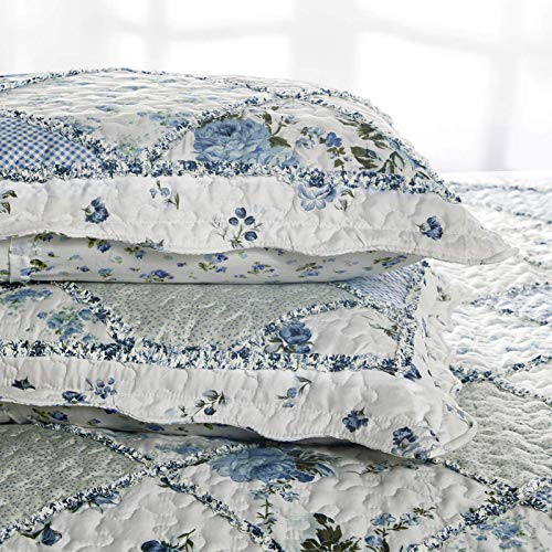 VIVILINEN Blue Floral Patchwork Quilt Set - 3 Piece Full/Queen Bedspread