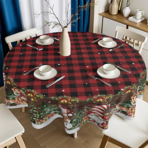 Granbey Christmas Santa Snowman Buffalo Plaid Round Tablecloth 60"