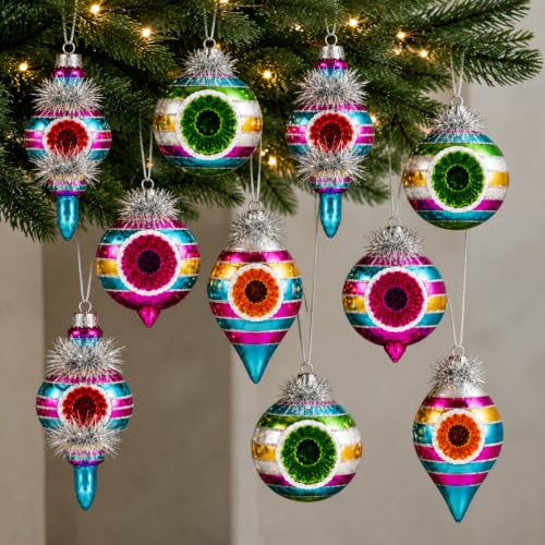 Vintage Glass Christmas Ornaments Set - Reflector Design, 12 Pieces