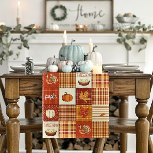 Artoid Mode 13x60 Inch Buffalo Plaid Pumpkins Thanksgiving Table Runner - Orange Fall Decor