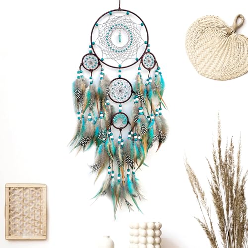Large Boho Dream Catcher Wall Hanging, Handmade Turquoise Feather Decor