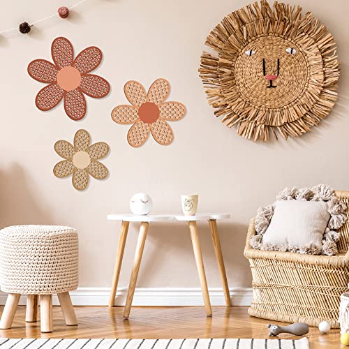 3-Piece Boho Daisy Wall Decor Set, Wooden Rattan Floral Nursery Art