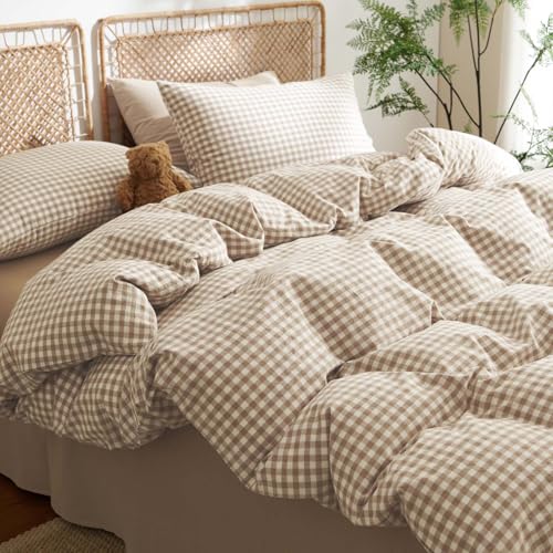 Queen Cotton Gingham Duvet Cover Set - Brown Tan Plaid Bedding with Ties