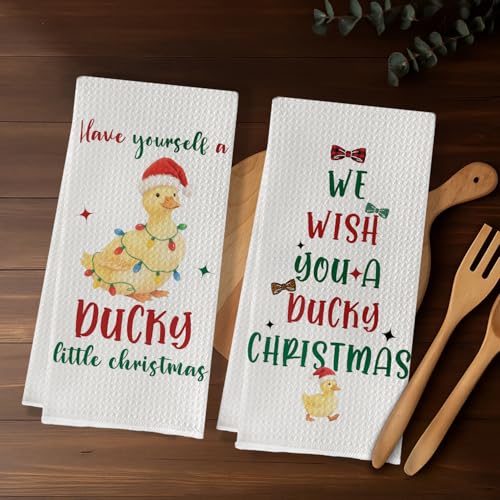 SereneHanctuary Yellow Duck Kitchen Towels 16x24in Set of 2 - Ultra-Soft Chenille Hand Towels