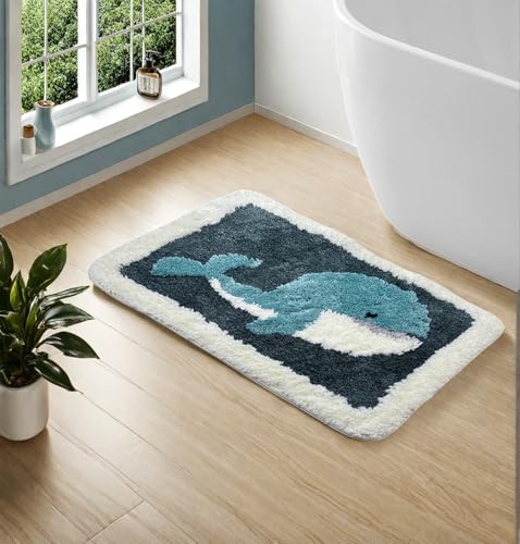 Whale Bath Mat 16x24 Inch, Non-Slip Microfiber Nautical Bathroom Rug