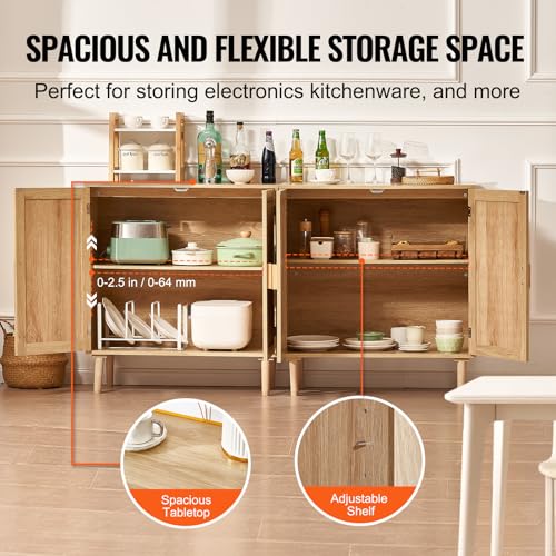 Rattan Buffet Cabinet with 4 Magnetic Doors and Adjustable Shelves