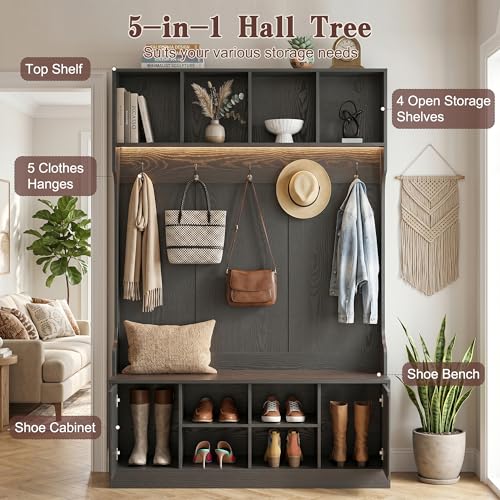 5-in-1 Hall Tree with Shoe Bench, LED Motion Sensor Light, and Storage