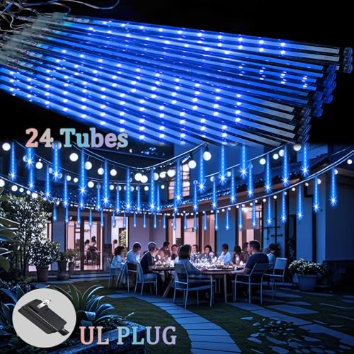 Blue Christmas Icicle Lights Outdoor 24 Tubes 48ft Meteor Shower Rain