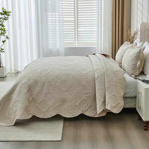 Oversized King Bedspread Set 128x120 - Ultrasonic Quilted Beige Coverlet