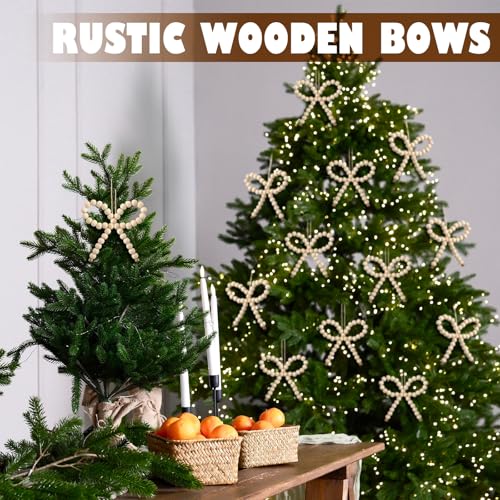 12 Pcs Wooden Bead Bow Christmas Ornaments Farmhouse Rustic Decor