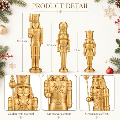 Gold Christmas Nutcracker Figures Set - 3 Pcs Holiday Decor, Resin