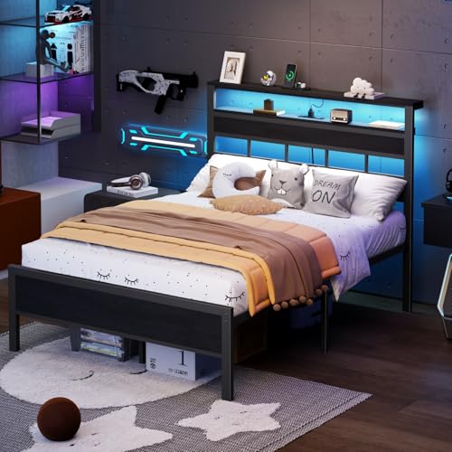Full Size Metal Platform Bed Frame with Storage Headboard & LED Light