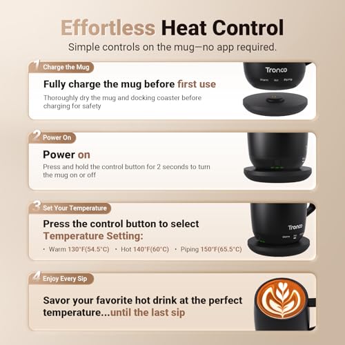 Tronco Blue 14oz Self-Heating Coffee Mug with Lid, 3 Temperature Modes, Rechargeable