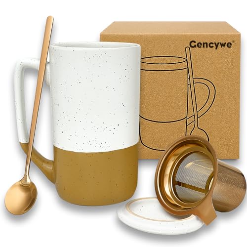 Gencywe Amber Large Tea Mug with Infuser, Lid & Spoon - 16oz Ceramic