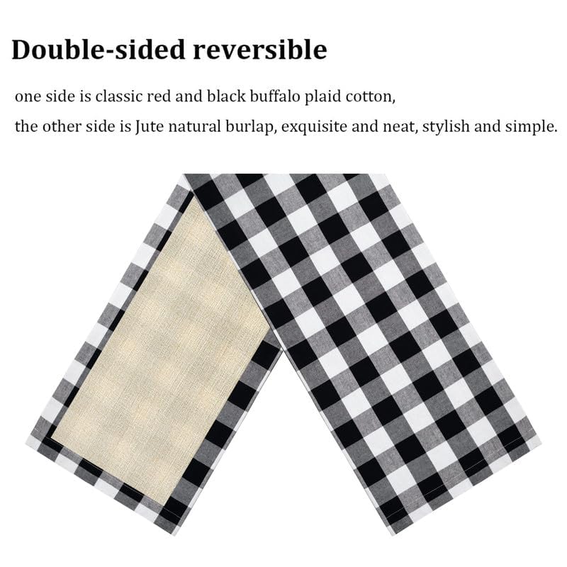 Senneny 14 x 108 Inch Reversible Black and White Buffalo Plaid Christmas Table Runner