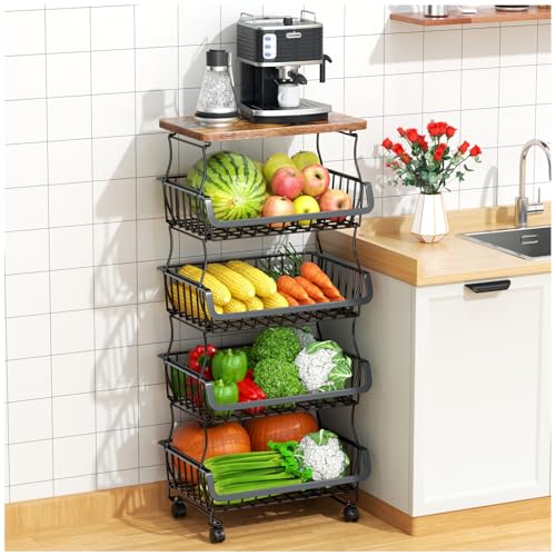 5-Tier Fruit and Vegetable Storage Basket Cart with Wheels & Wood Top