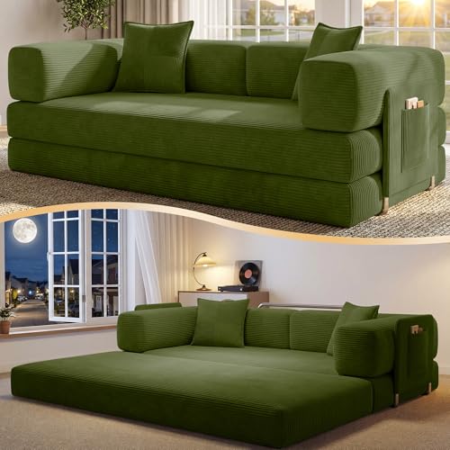 78.8" Convertible Futon Sofa Bed - Corduroy Floor Sleeper Couch, Green