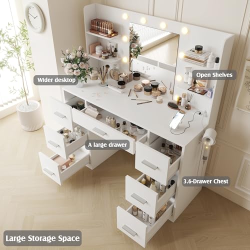 Vanity Desk with Lighted Mirror, 7 Drawers, and Power Outlet - White