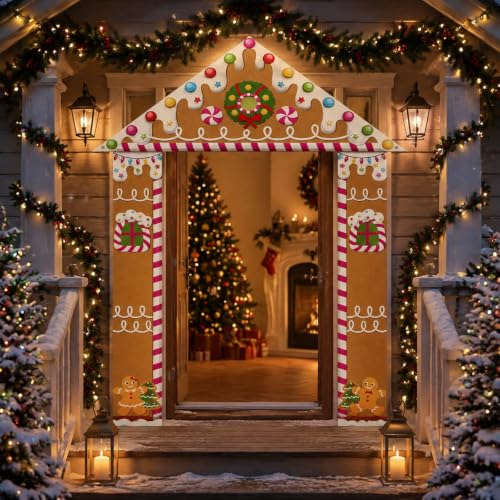 HunnmingRe Classic Style 3-Piece Christmas Gingerbread Door Banner 71 Inch Outdoor Holiday Decor