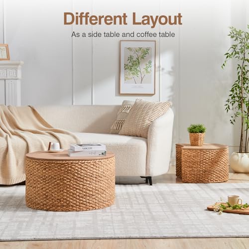Round Wicker Nesting Coffee Table Set of 2 with Hidden Storage