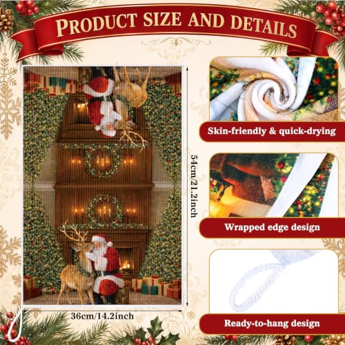 Christmas Fireplace Oven Mitts & Kitchen Towel Set - Santa Reindeer Wreath