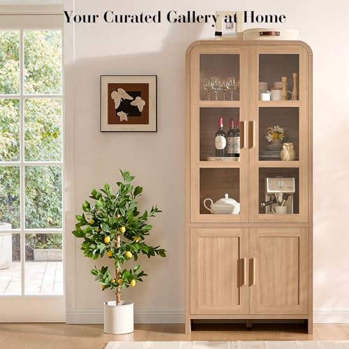 77-Inch Tall Kitchen Pantry Cabinet with Glass Doors and Adjustable Shelves