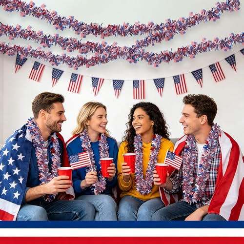 Patriotic Tinsel Garland with American Flags - 33ft Red White Blue Decor