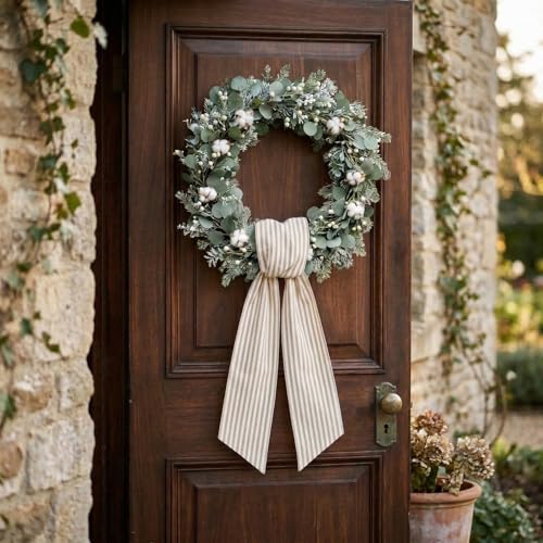 Khaki Striped Burlap Wreath Sash for Front Door Decor - 54 Inch Ribbon
