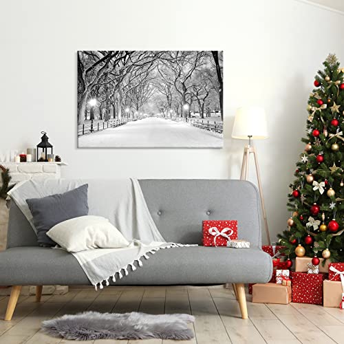 Snowy Central Park Winter Canvas Wall Art - 36" x 24" Landscape Giclee Print for Bedroom & Living Room Decor