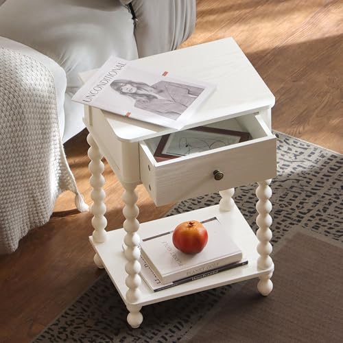 Small White Nightstand with Drawer & Spindle Wood Legs - Farmhouse End Table